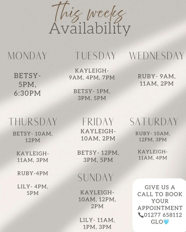Get your appointments booked in for next week!

Spaces will go quickly so why wait?🫶🏻

Please give us a call to book your appointment- we can’t wait to see you🩵
📞01277 658112

#salon #beautysalon #billericaybeauty #explorepage #availableappointments #tanningsalon