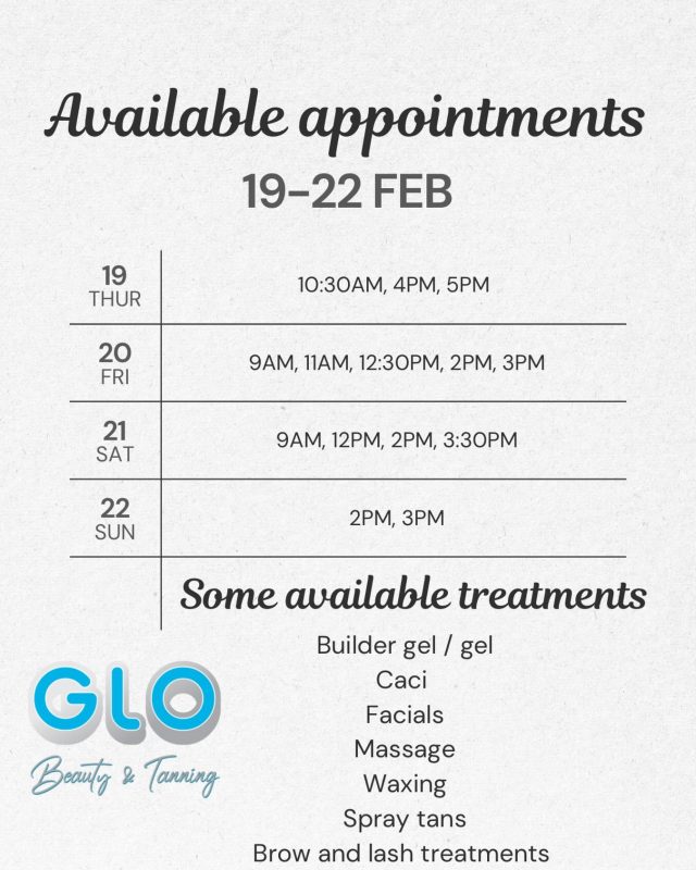 Available appointments for the rest of this week 🫶🏻

A range of treatments are available within these time slots - why not brighten your weekend with a little self care? 🩵

We look forward to seeing you!!!

Any questions please give us a call
 📞01277 658113

#availableappointments #salon #beauty #billericaysalon #explorepage