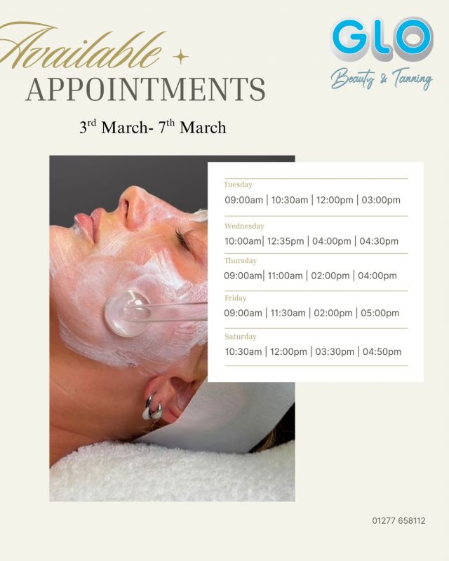 This weeks availability 🧖🏼‍♀️🌺🥰🫶🏻
📞Call us on 01277 658112 to get booked in✨